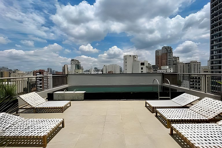 Studio com academia, rooftop e piscina (402)